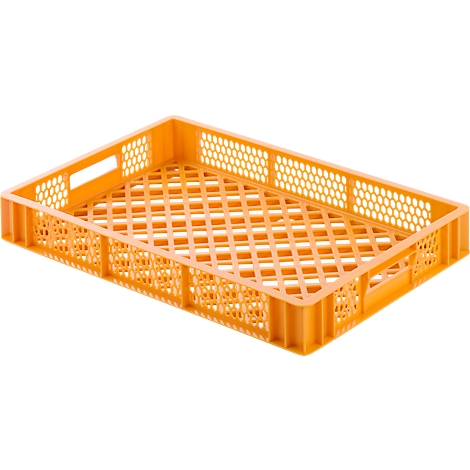 Orangefarbene, rechteckige Kunststoffkiste mit Gittermuster und Grifföffnungen.