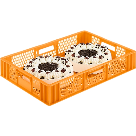 Zwei Schwarzwälder Kirschtorten in einer orangefarbenen Kiste.