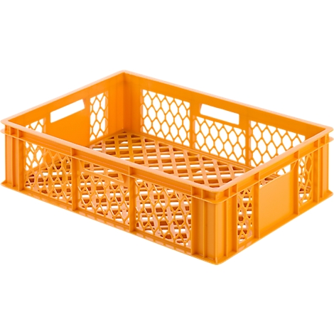 Orange Kunststoffkiste, rechteckig mit durchbrochenen Wänden und Grifföffnungen.