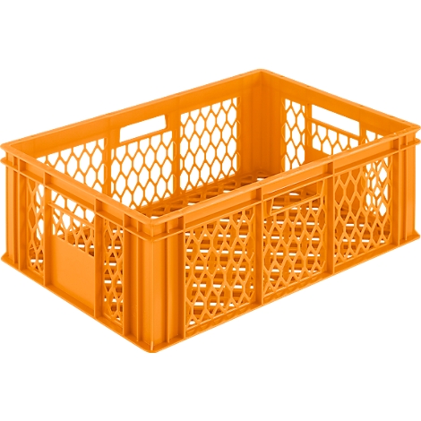 Orange Kunststoffbox mit Wabenmuster. Rechteckige Form mit Grifföffnungen. Hellgrauer Hintergrund.