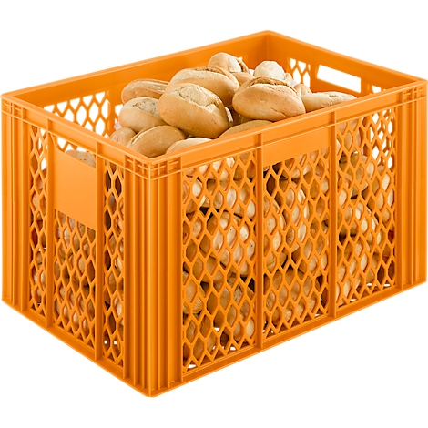 Eine orangefarbene Kiste voller Brötchen. Die Kiste hat ein wabenförmiges Design.