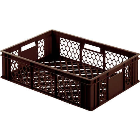 Brown plastic crate with a hexagonal grid pattern.