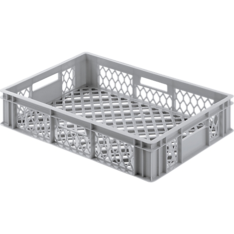 Light grey plastic crate with open, latticed design. Rectangular, with handle openings and a honeycomb pattern in the base.