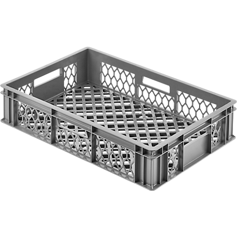 Gray plastic crate with handle openings. The sides are decorated with ornaments. The bottom is perforated.