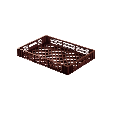 Brown plastic bakery crate, rectangular, with lattice pattern and handles.
