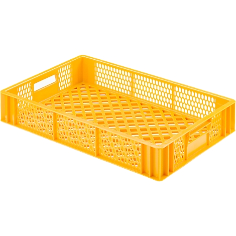 Yellow rectangular plastic crate with lattice pattern. Handles on the sides.