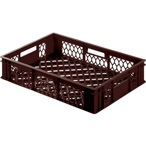 Brown plastic crate with honeycomb openings. Angular shape, handle holes on the sides.