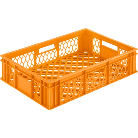 Orange plastic crate with honeycomb pattern and handle openings.
