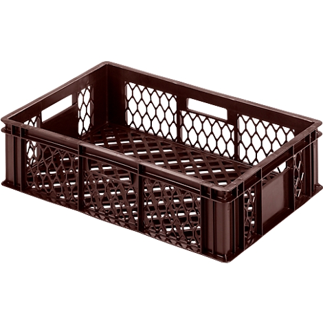 Brown plastic crate with a hole pattern and handle openings on the sides.