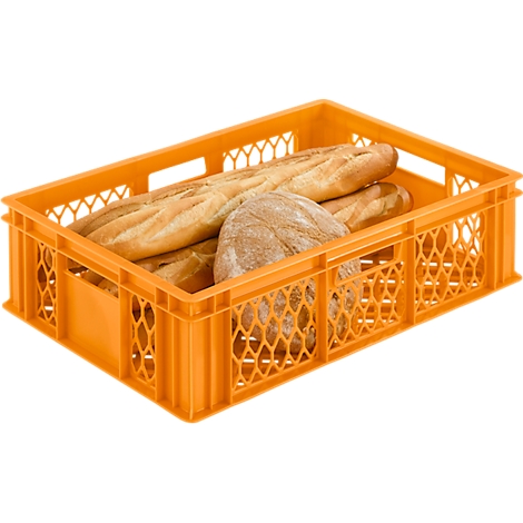 Orange plastic box filled with bread, baguettes, and a round loaf.
