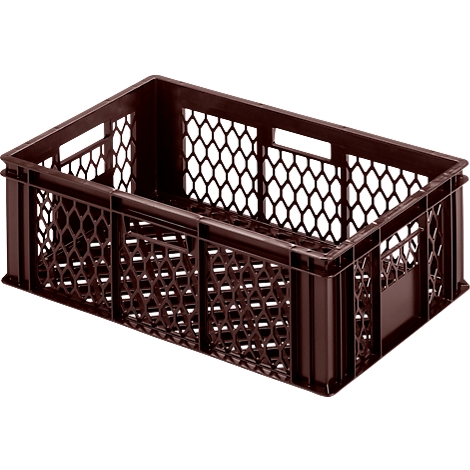 Dark brown rectangular crate with honeycomb side walls and handle openings.