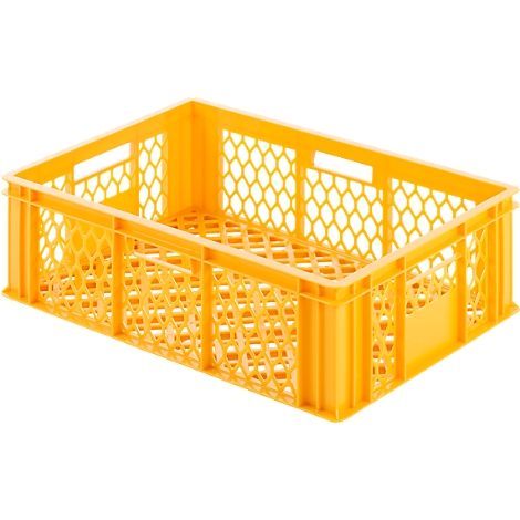 Yellow plastic crate with a honeycomb pattern and handles.