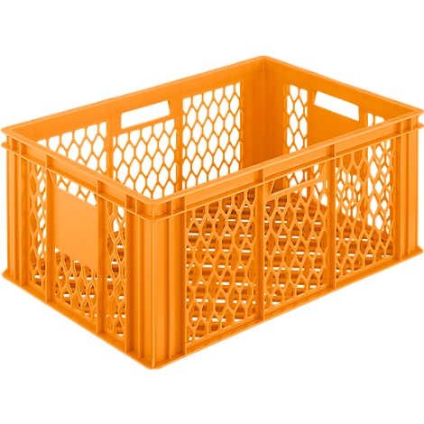 An orange plastic crate used for transporting goods. It has a honeycomb pattern.