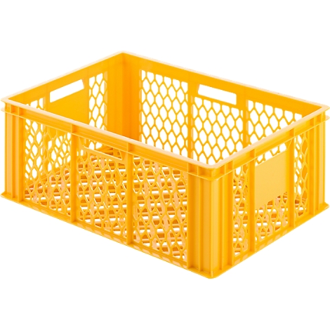 Yellow plastic crate with perforated side walls and handle openings.