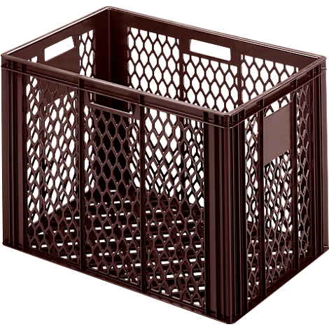 Dark brown plastic crate with hexagonal openings. Rectangular shape with handles and a smooth rectangle on the side.