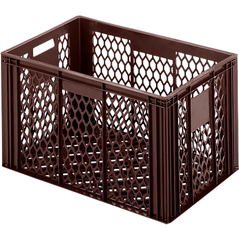 Brown plastic crate with hexagonal grid pattern.