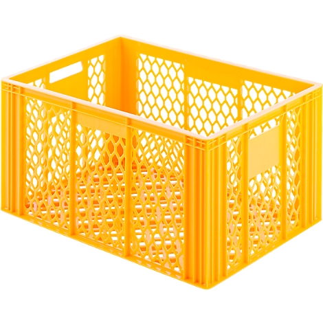 Yellow plastic crate with hexagonal openings, handle cutout, and smooth sides.