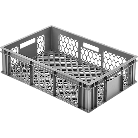 Grijze plastic transportkrat met honingraatzijkanten. Rechthoekige vorm, open interieur, handvatten.