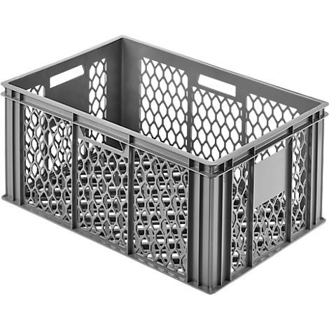 Grijze, rechthoekige plastic krat met een gatenpatroon. Handgrepen zijn uitgesneden aan de zijkanten.