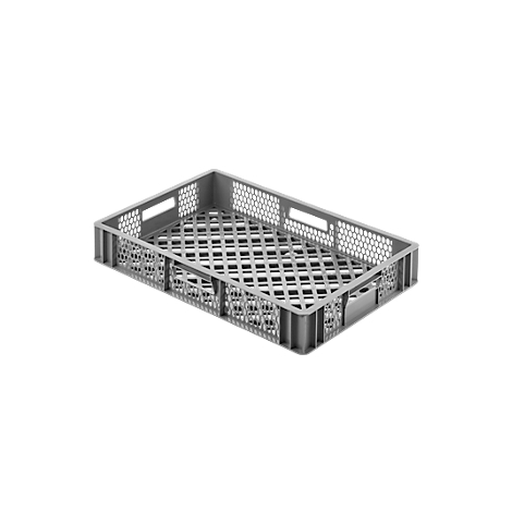 Bac de transport en plastique gris et rectangulaire. Motif en treillis sur le fond et trous sur les côtés.