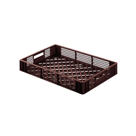 Caisse de boulangerie rectangulaire en plastique marron, avec un motif de trous sur les côtés et un motif de grille sur le fond.