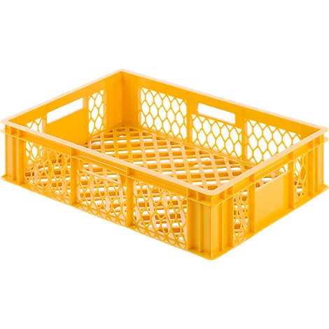 Caisse en plastique jaune avec fond et parois latérales en nid d'abeille, ouvertures de poignée.