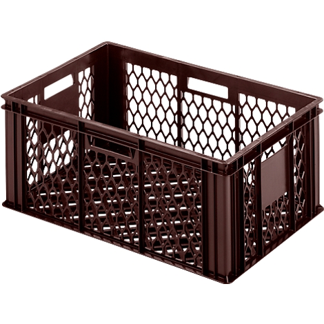 Caisse en plastique marron avec un motif en nid d'abeille sur les côtés, ouvertures pour les poignées.