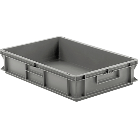 Gray plastic box with handle recesses. Rectangular shape, no content. Handle openings on the sides.