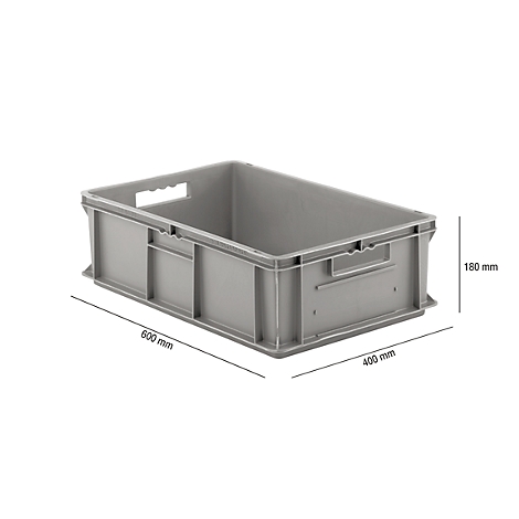 Gray plastic box, dimensions: 600 x 400 x 180 mm, with handles.