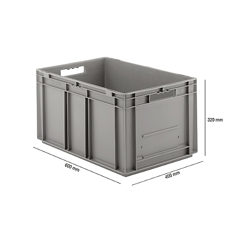 Grey transport box with handles and dimensions. Length: 600 mm, width: 400 mm, height: 320 mm.