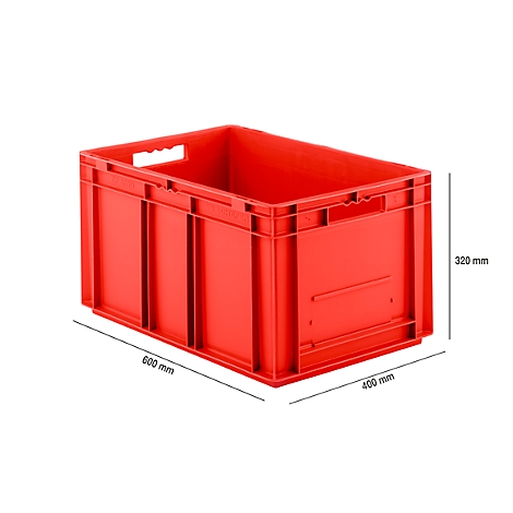 Red plastic crate with dimensions 600 x 400 x 320 mm. Handle openings on the sides. It stands against a white background.