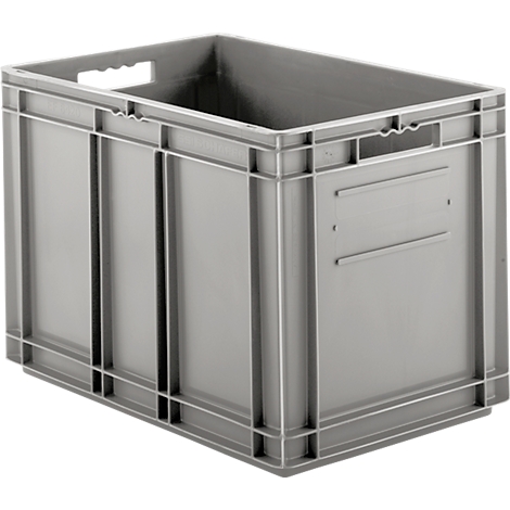 Gray plastic box with handles. The box has a rectangular shape and a smooth surface.
