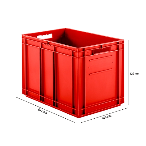 Red plastic crate with handles, side view. Dimensions: 600x400x420 mm.