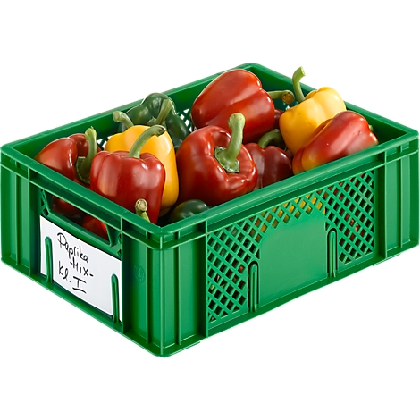 Green crate filled with red, yellow, and green bell peppers. A label reads "Paprika Mix-Kl.I".