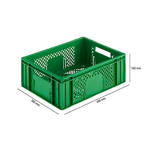 Green plastic crate with grid structure. Dimensions: 400mm x 300mm x 142mm. White arrows indicate the sizes.
