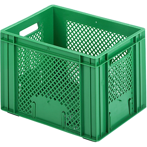 Green plastic transport crate with grid pattern, without contents.
