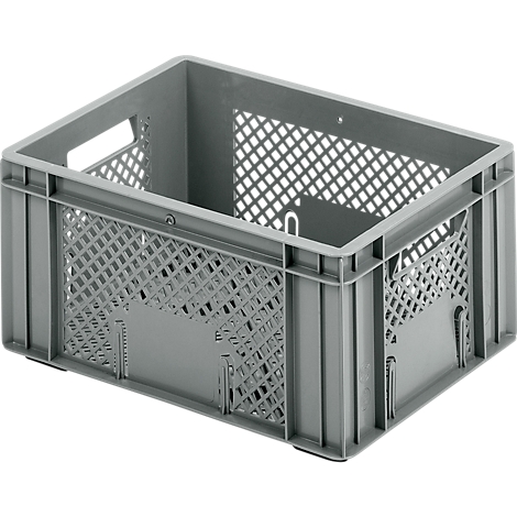 Gray plastic crate with handle openings and openwork side panels. The crate stands at a slight angle.