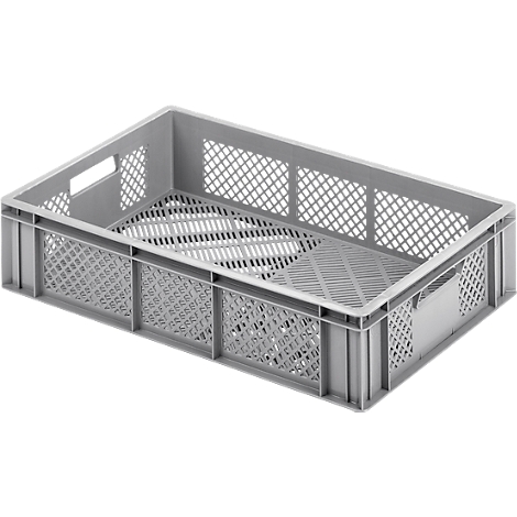 Gray plastic crate with a perforated pattern and handle openings. The crate is rectangular and stands against a white background.