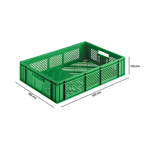 Green plastic transport crate, rectangular, with grid pattern and dimensions.