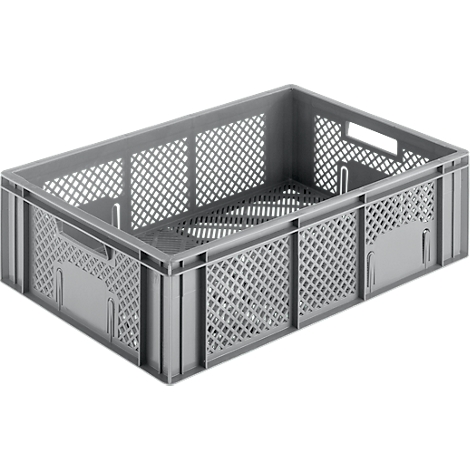 Gray plastic crate with grid pattern. Handles on the sides and a rectangular opening. The bottom is also permeable.
