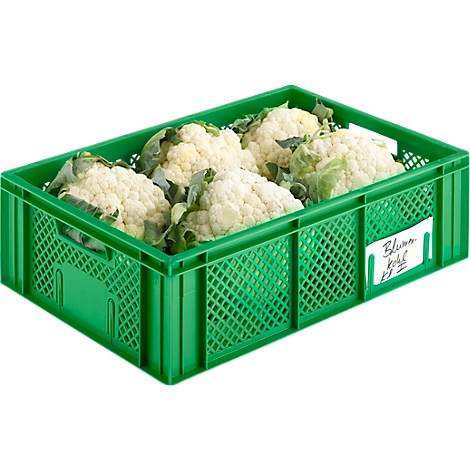 A green vegetable crate full of cauliflower heads. A label reads "cauliflower, 4/1".