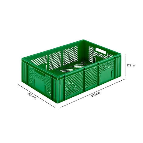 Green plastic transport box with dimensions 600 x 400 x 171 mm. Grid structure, side handle openings, on a white background.