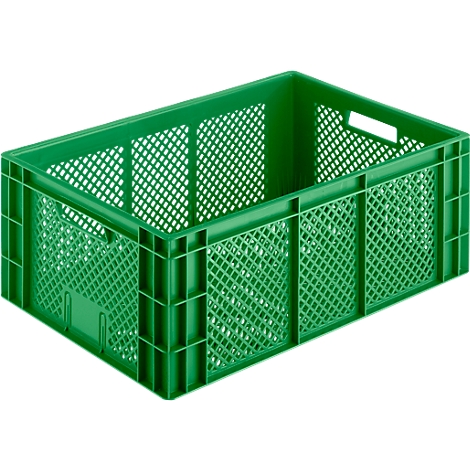 Green plastic crate with grid structure, rectangular, with handle openings on the sides.