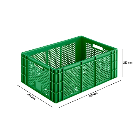 Green, rectangular plastic crate with mesh pattern, dimensions labeled. Crate is on a white background.