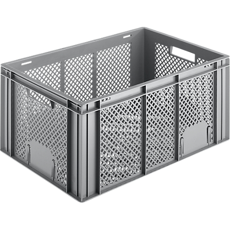 Gray plastic box with a rectangular shape and lattice pattern. Openings for handles are located on the sides and top.