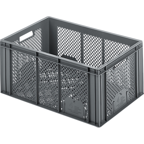 Gray plastic transport crate with grid pattern. Two side handles and logos on the front.