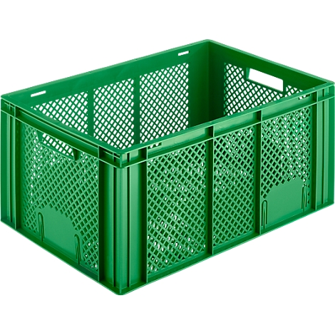 Green rectangular plastic crate with grid pattern and handle openings.
