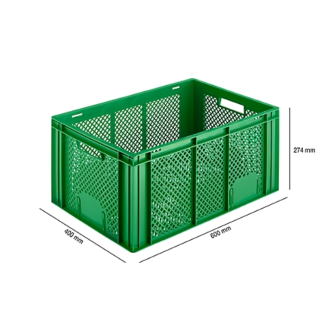 Green plastic crate with a mesh pattern and dimensions of 600x400x274 mm.