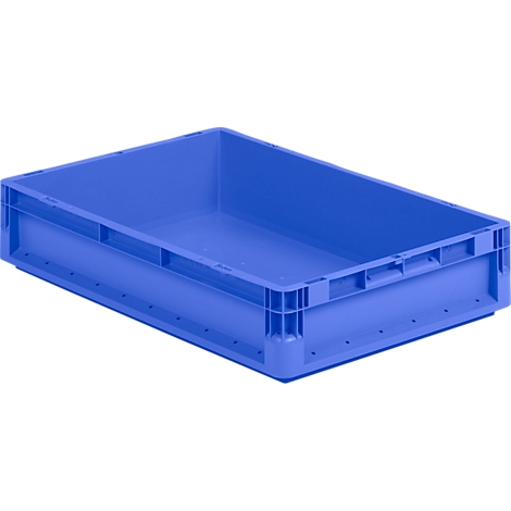 Blue plastic box with handle openings, rectangular.