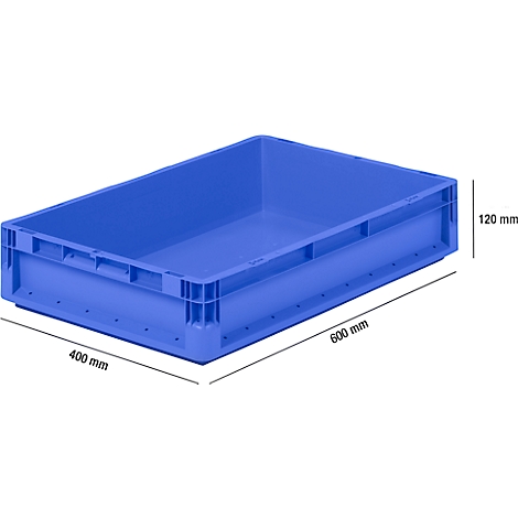 Blue plastic box. Dimensions: 600 x 400 x 120 mm.